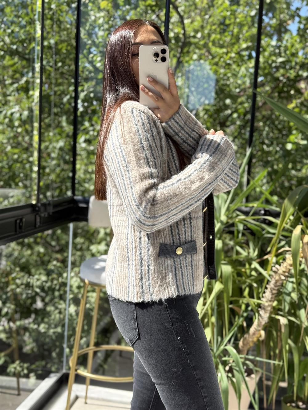 Dilvin Desenli Şardonlu Düğmeli Triko Hırka