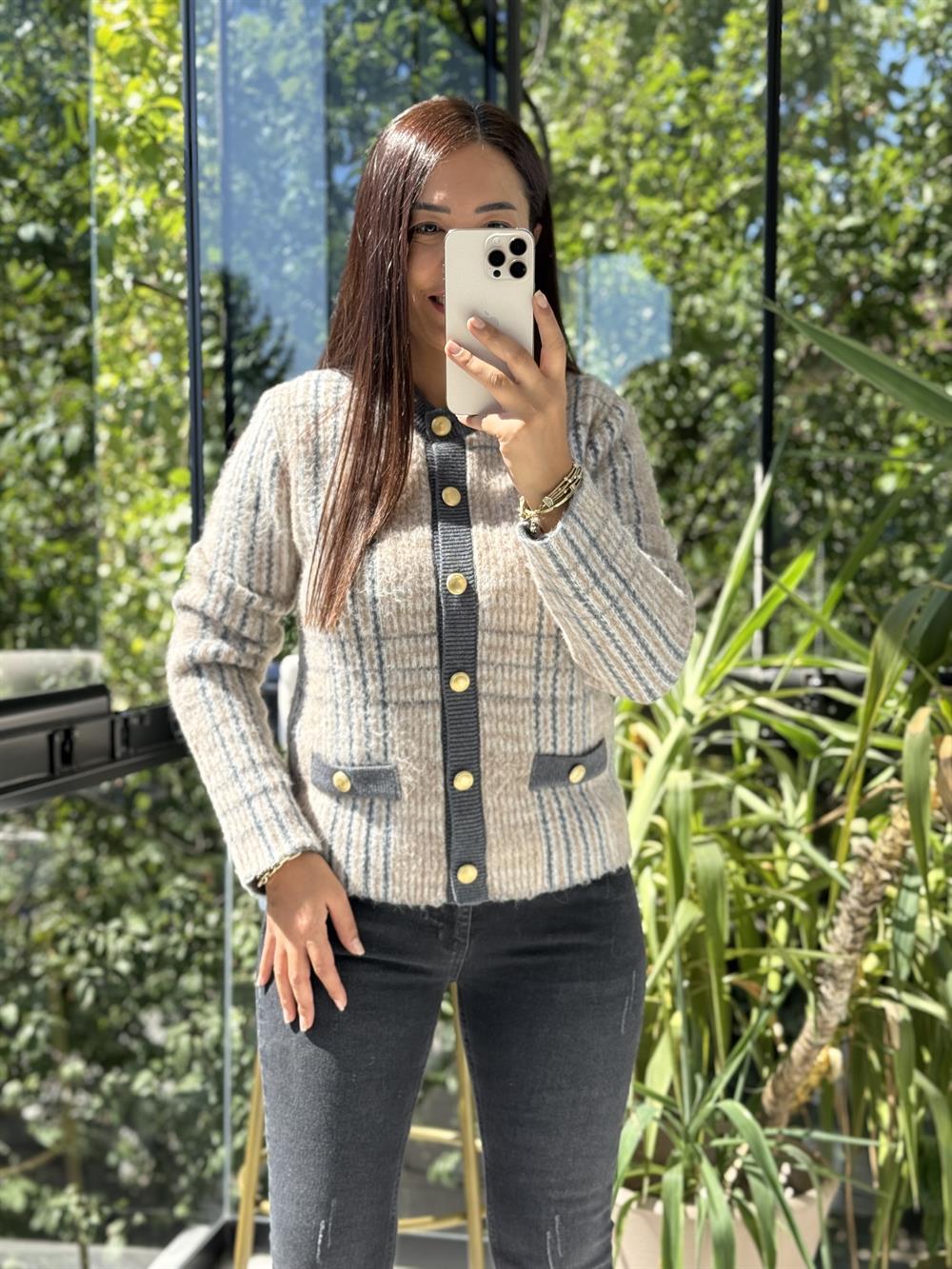 Dilvin Desenli Şardonlu Düğmeli Triko Hırka