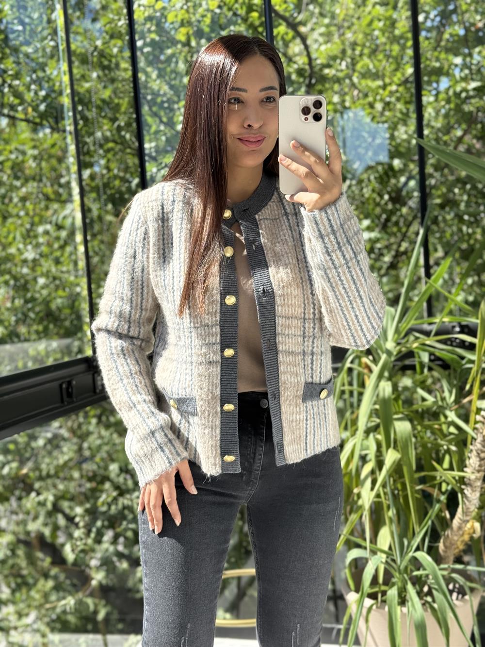 Dilvin Desenli Şardonlu Düğmeli Triko Hırka