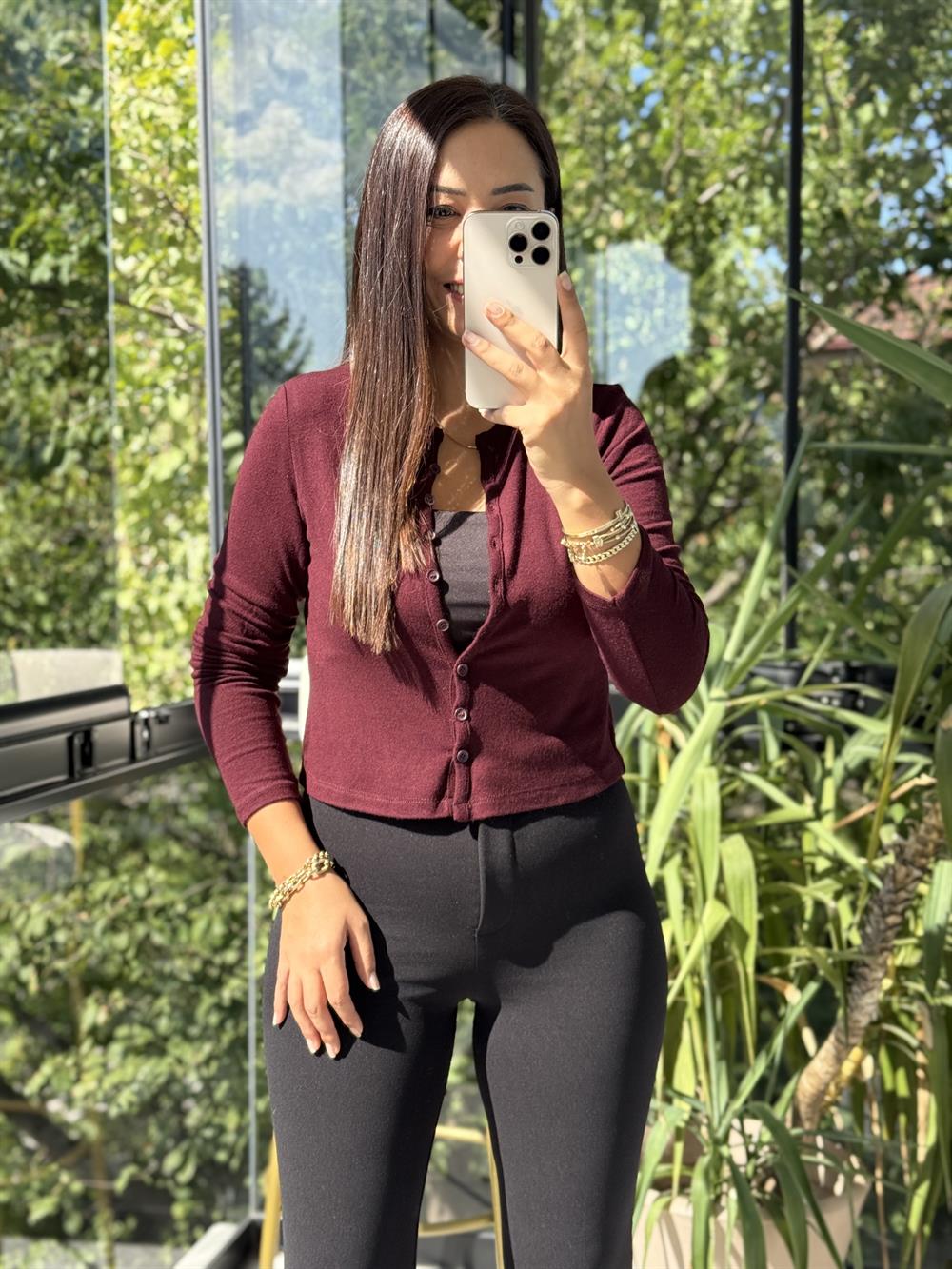 Dilvin Düğmeli Detaylı Hırka Bordo