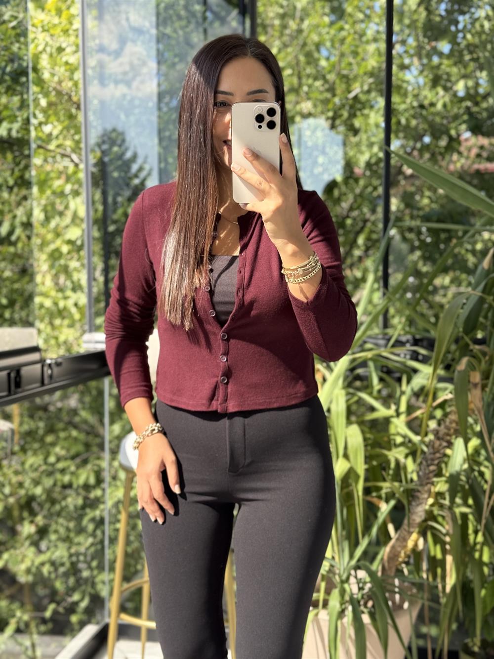 Dilvin Düğmeli Detaylı Hırka Bordo