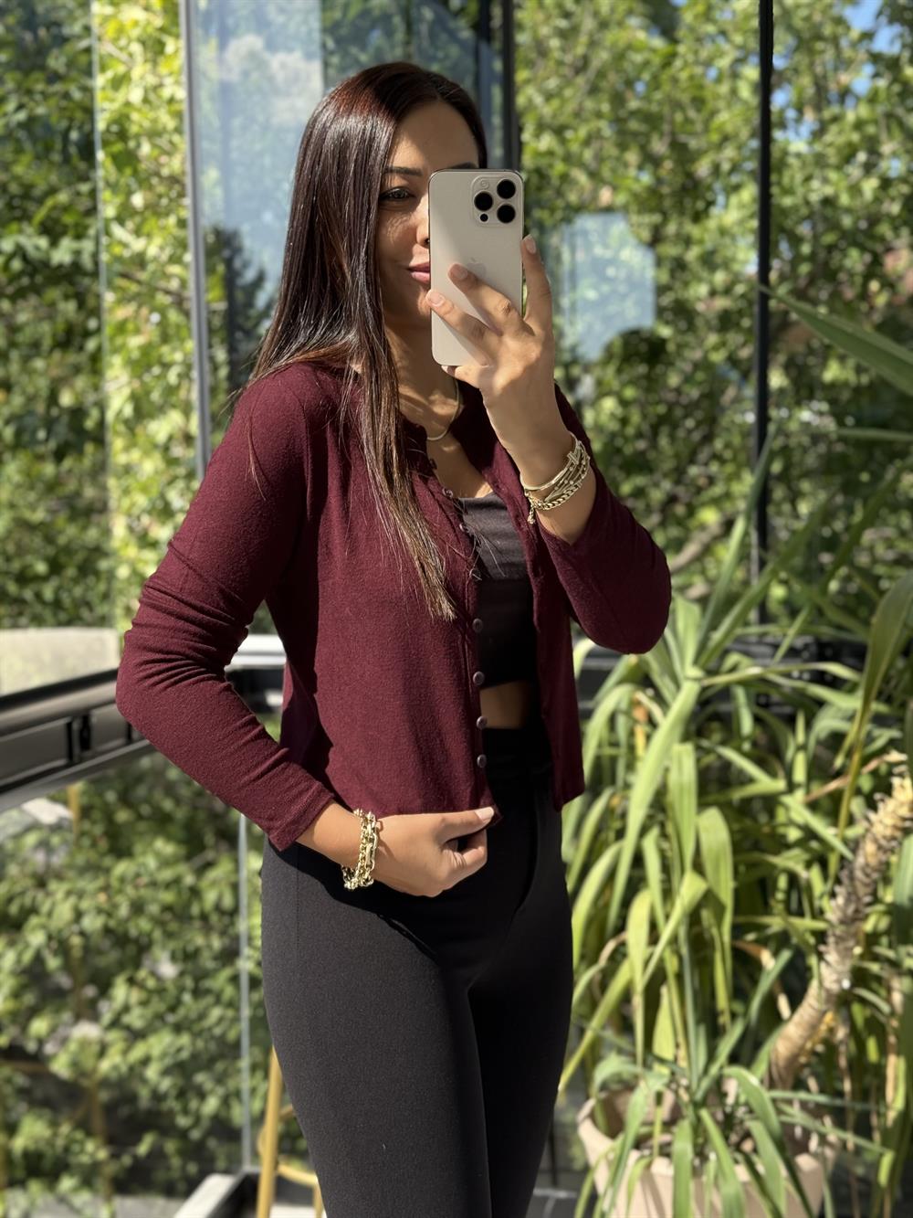 Dilvin Düğmeli Detaylı Hırka Bordo