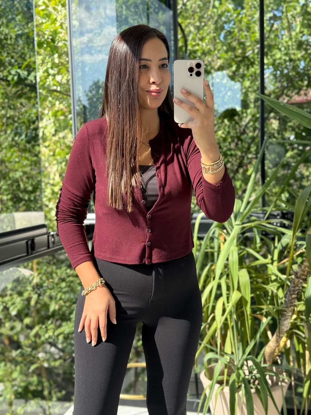 Dilvin Düğmeli Detaylı Hırka Bordo