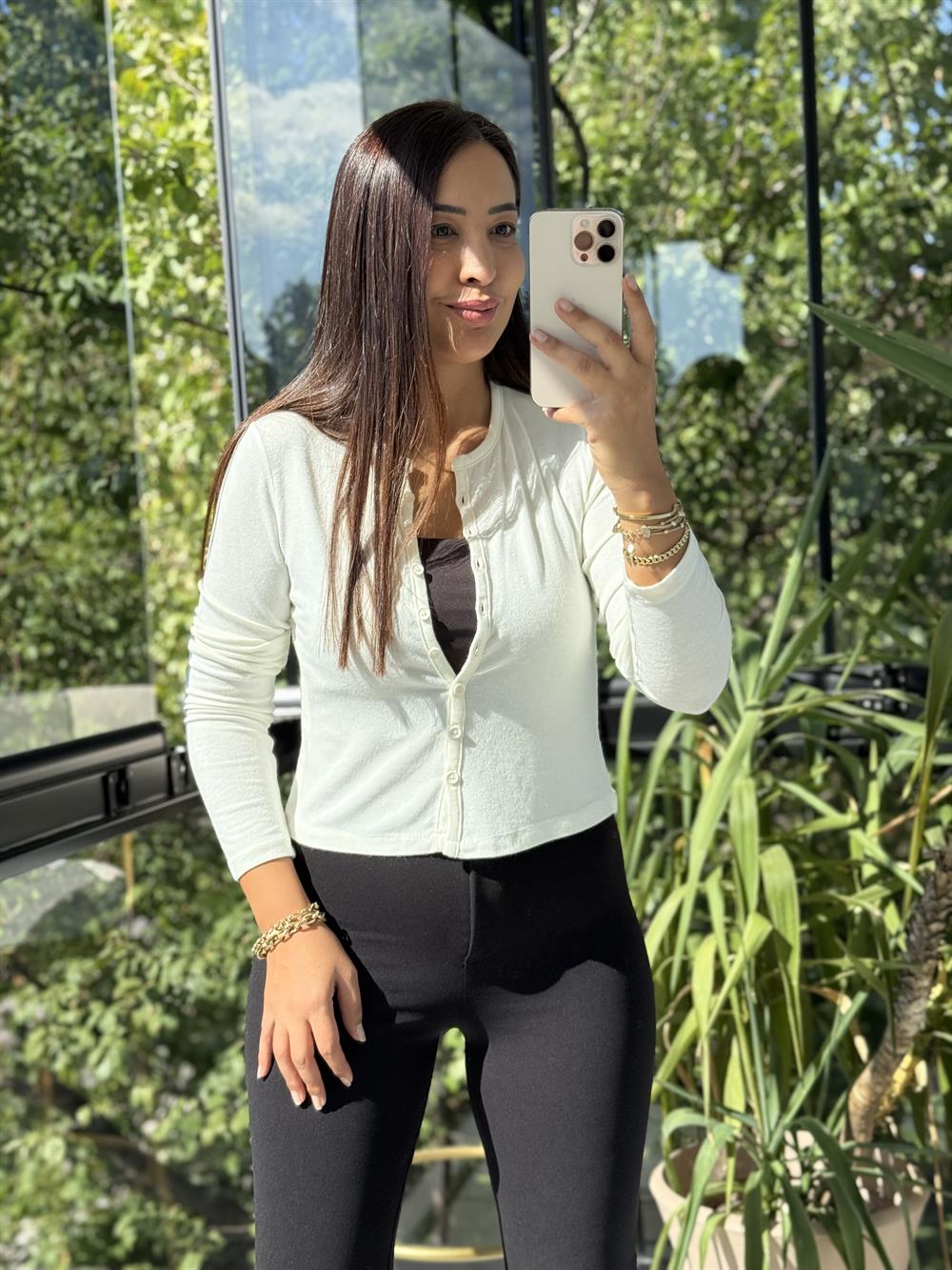 Dilvin Düğmeli Detaylı Hırka Ekru