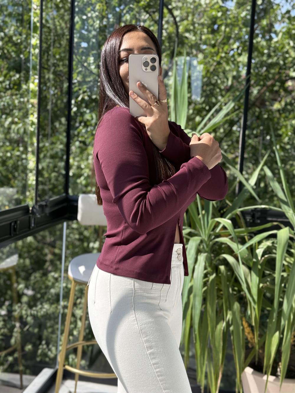 Dilvin Fermuar Detaylı Uzun Kollu Top Bluz Bordo