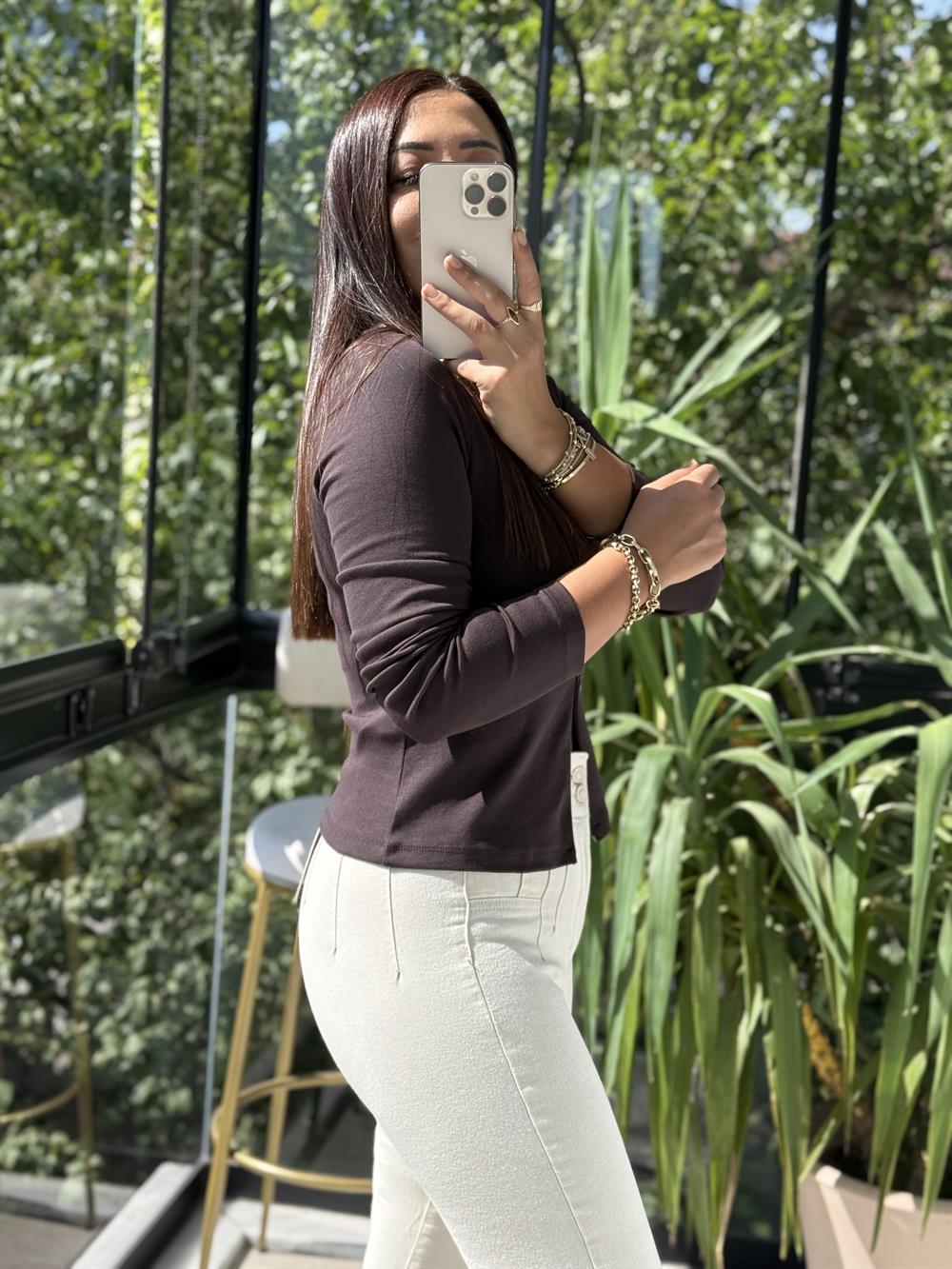 Dilvin Fermuar Detaylı Uzun Kollu Top Bluz Koyu Kahve