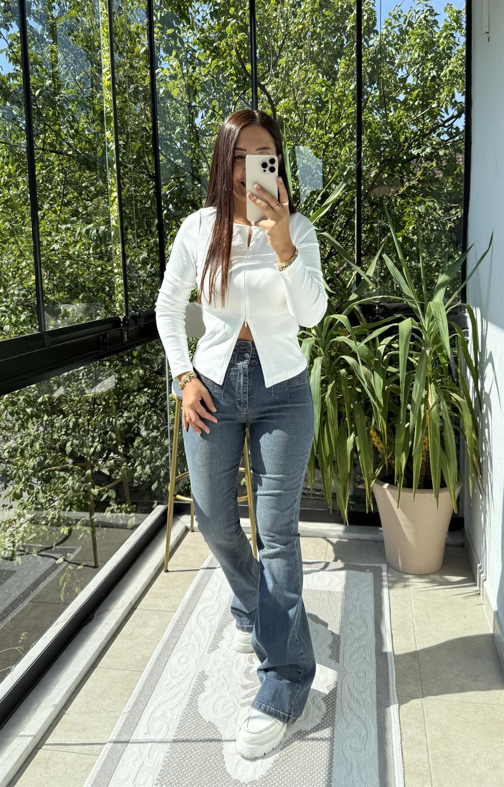 Dilvin Fermuar Detaylı Uzun Kollu Top Bluz Ekru