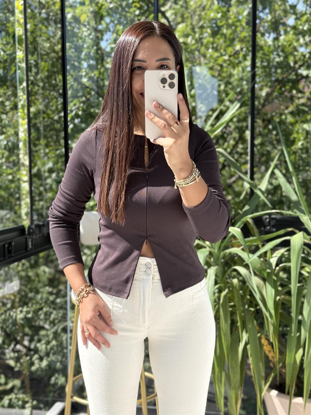 Dilvin Fermuar Detaylı Uzun Kollu Top Bluz Koyu Kahve