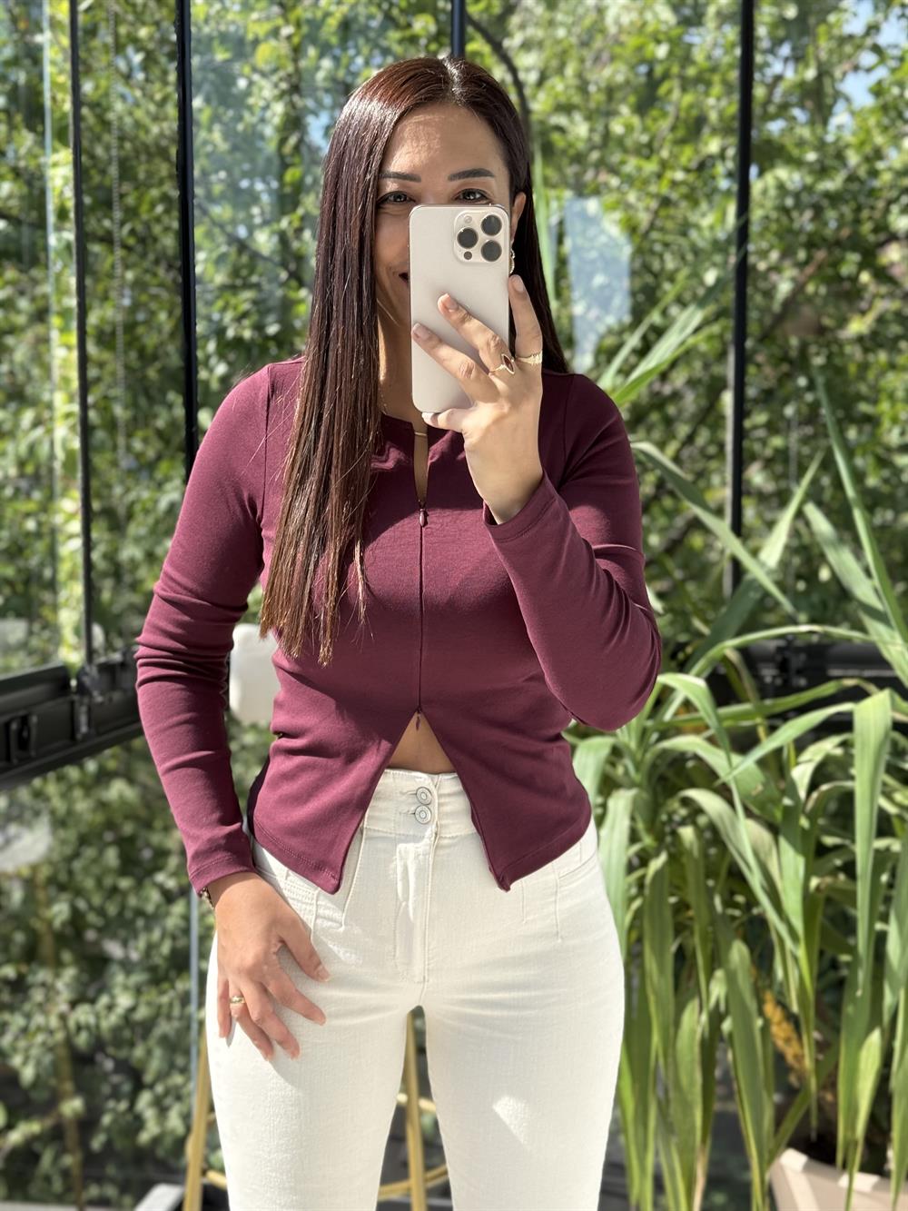 Dilvin Fermuar Detaylı Uzun Kollu Top Bluz Bordo