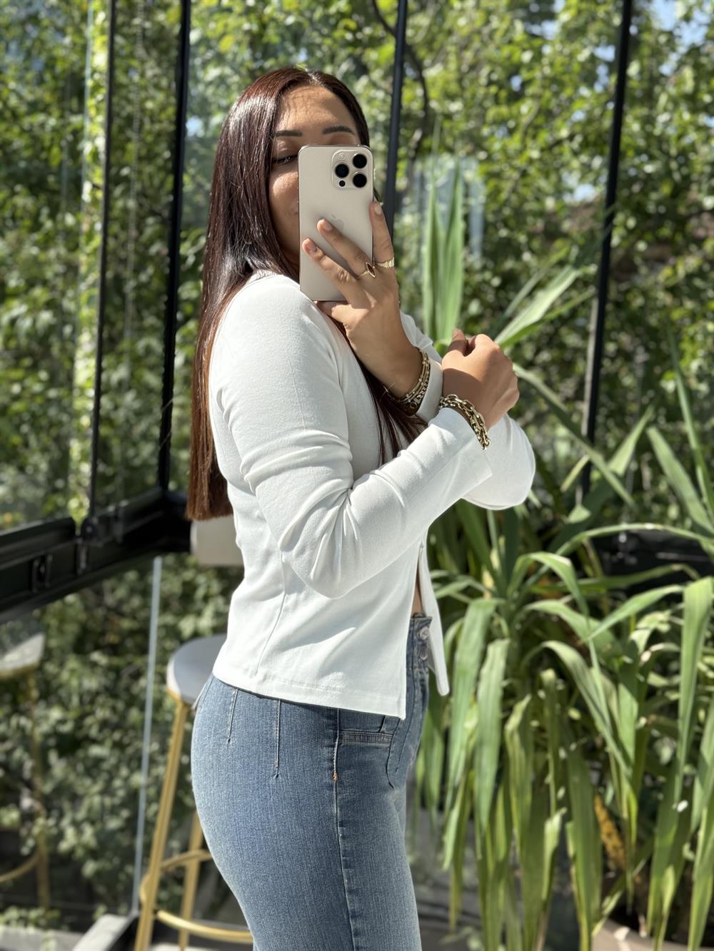 Dilvin Fermuar Detaylı Uzun Kollu Top Bluz Ekru