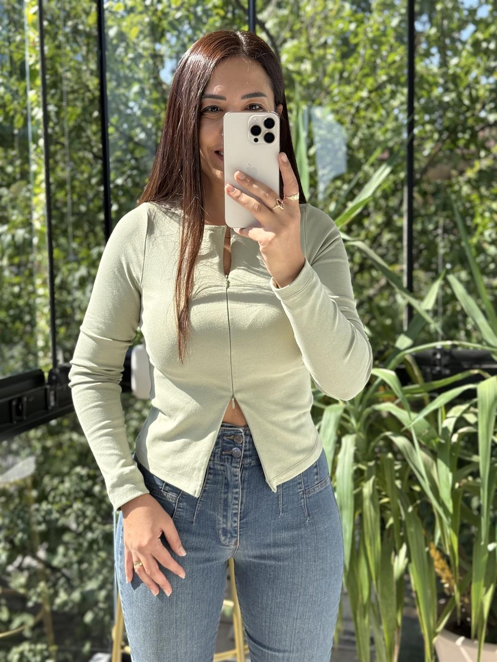 Dilvin Fermuar Detaylı Uzun Kollu Top Bluz Çağla Yeşili