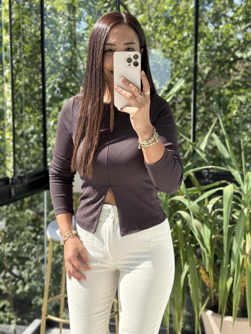 Dilvin Fermuar Detaylı Uzun Kollu Top Bluz Koyu Kahve