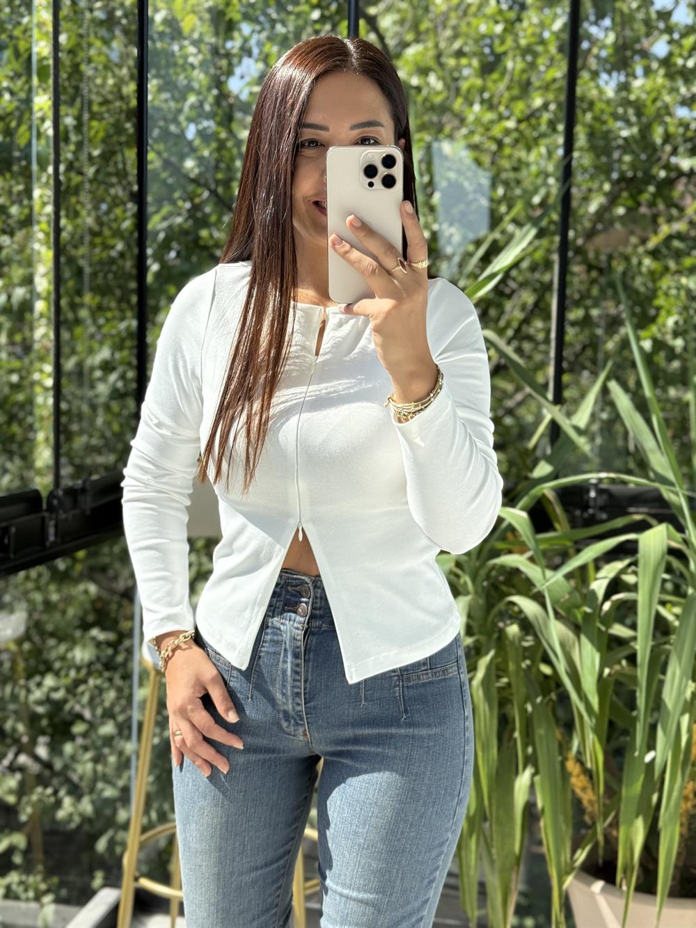 Dilvin Fermuar Detaylı Uzun Kollu Top Bluz Ekru