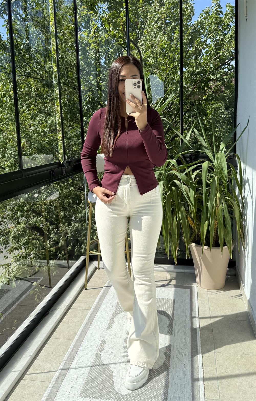 Dilvin Fermuar Detaylı Uzun Kollu Top Bluz Bordo