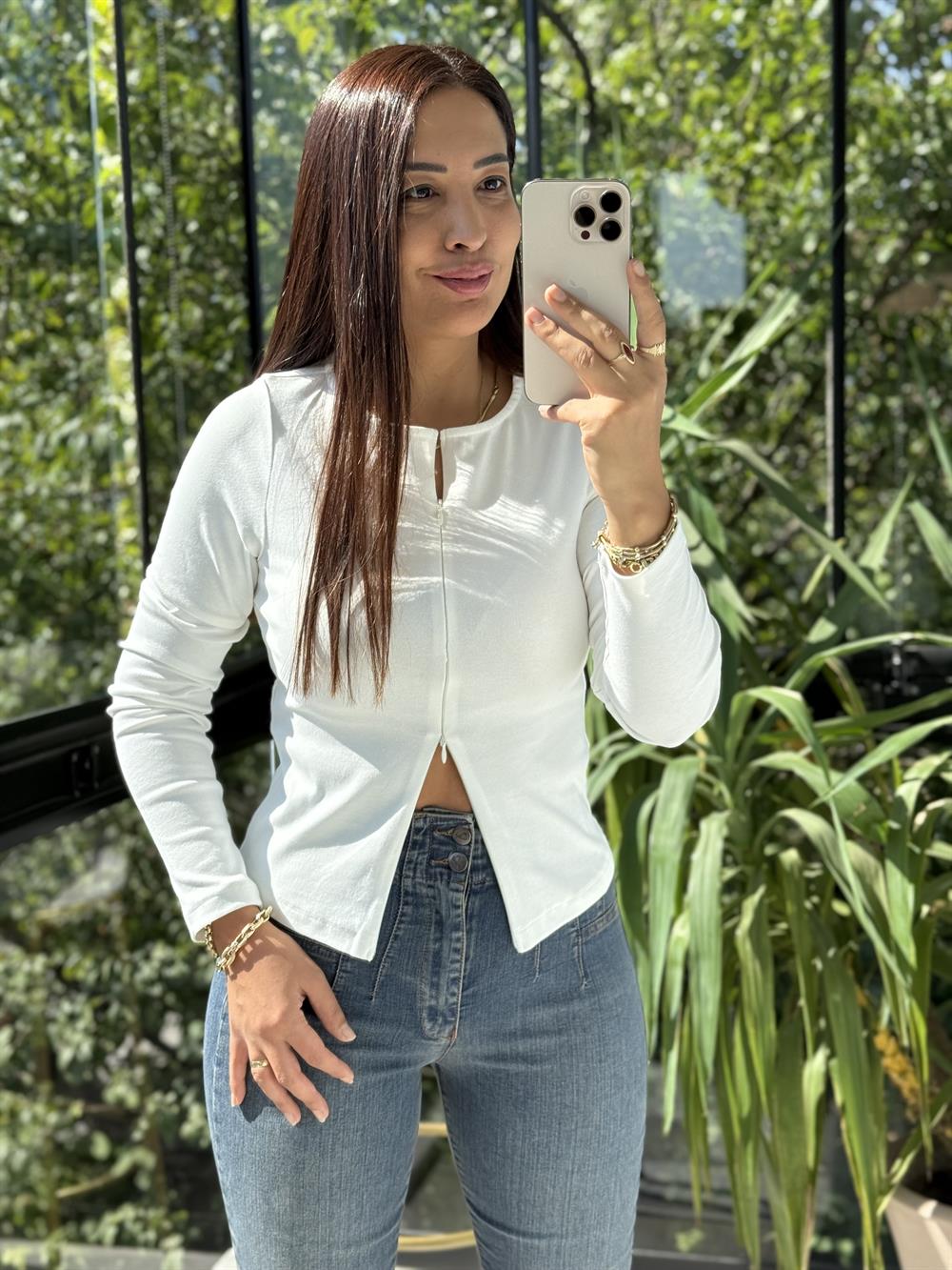 Dilvin Fermuar Detaylı Uzun Kollu Top Bluz Ekru