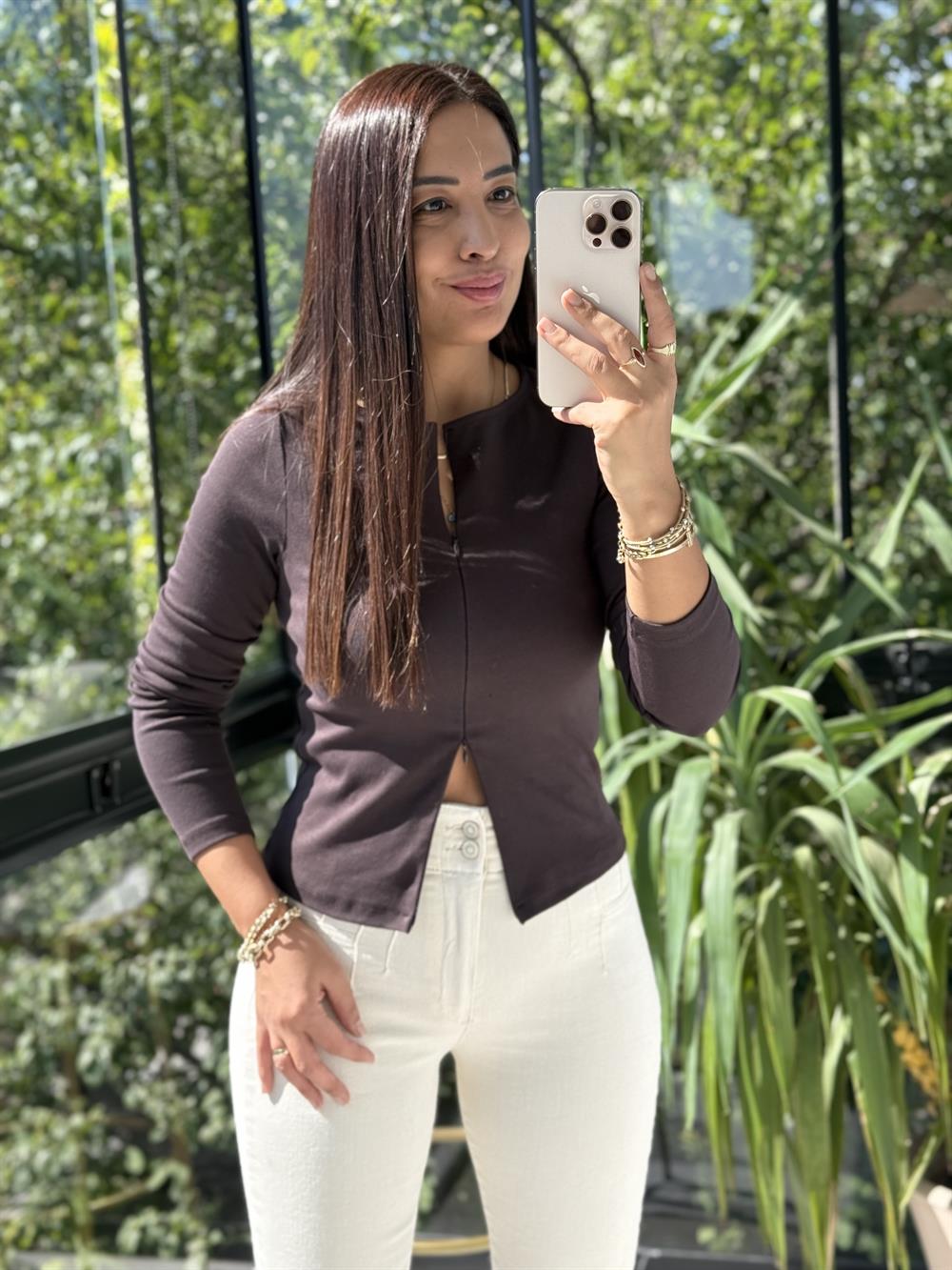 Dilvin Fermuar Detaylı Uzun Kollu Top Bluz Koyu Kahve