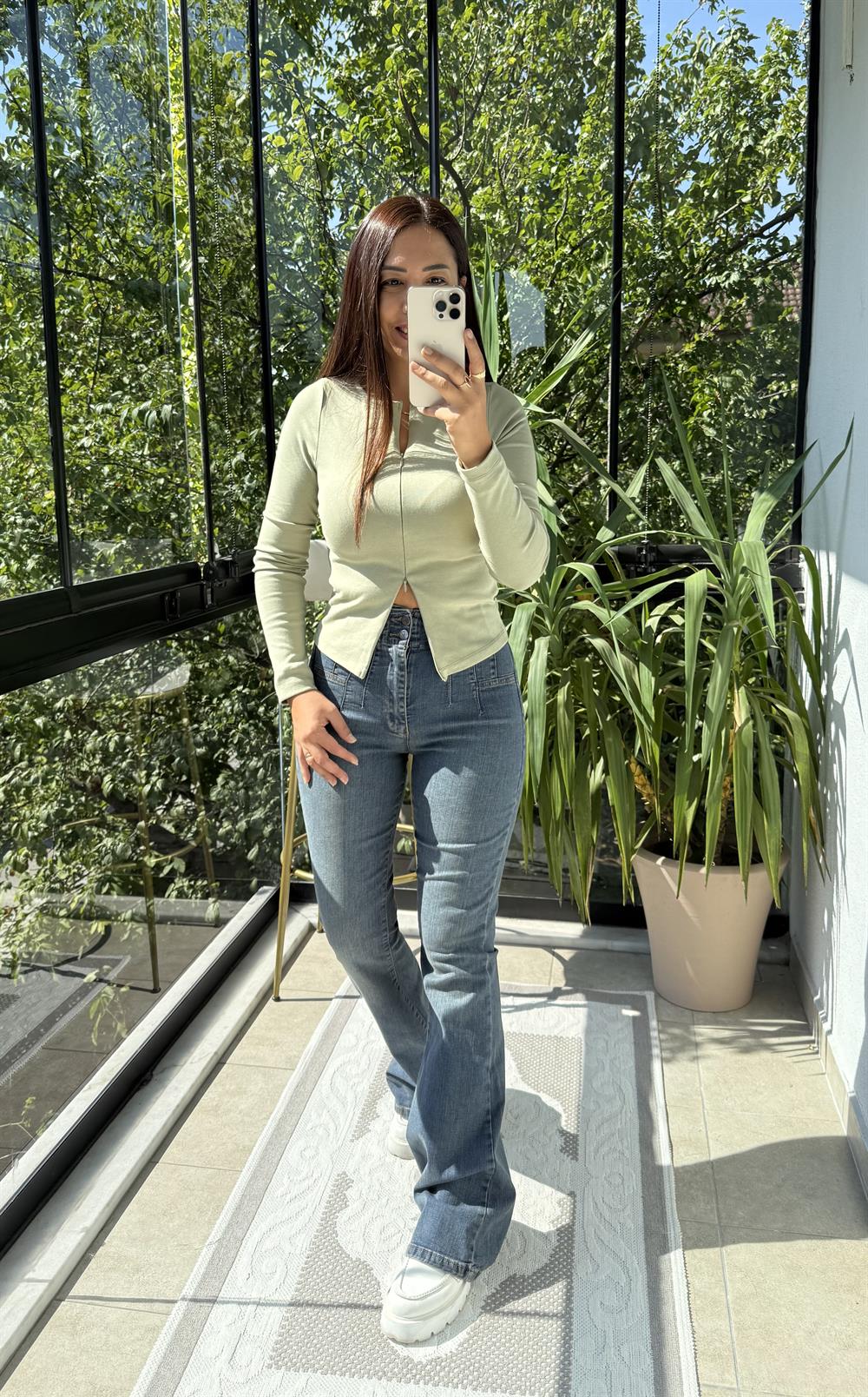 Dilvin Fermuar Detaylı Uzun Kollu Top Bluz Çağla Yeşili