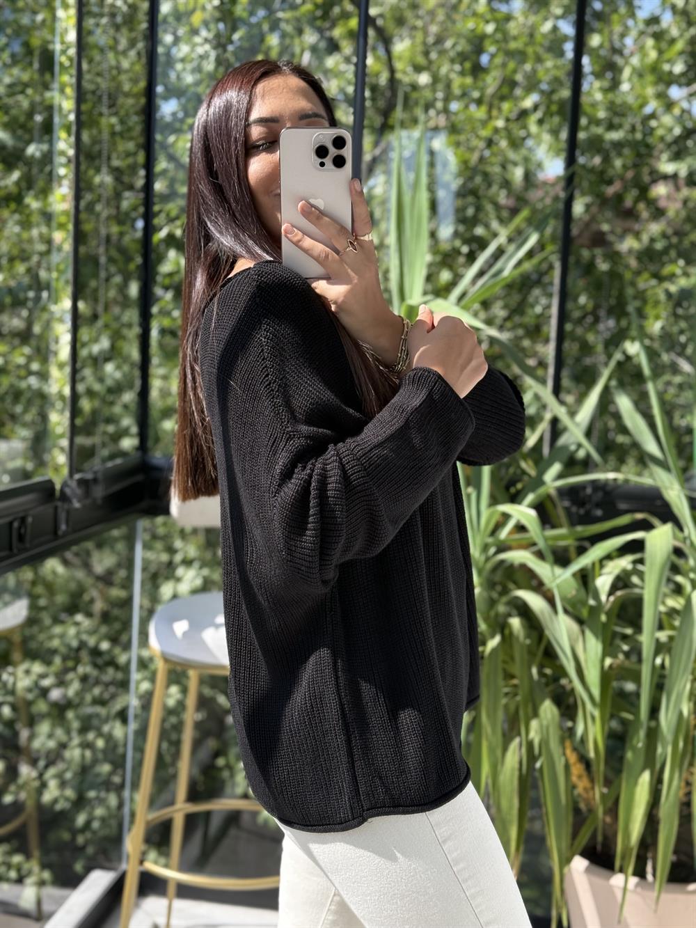 Dilvin Kayık Yaka Basic Triko Kazak Siyah