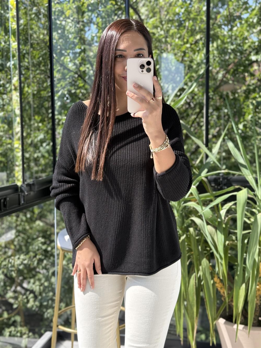 Dilvin Kayık Yaka Basic Triko Kazak Siyah