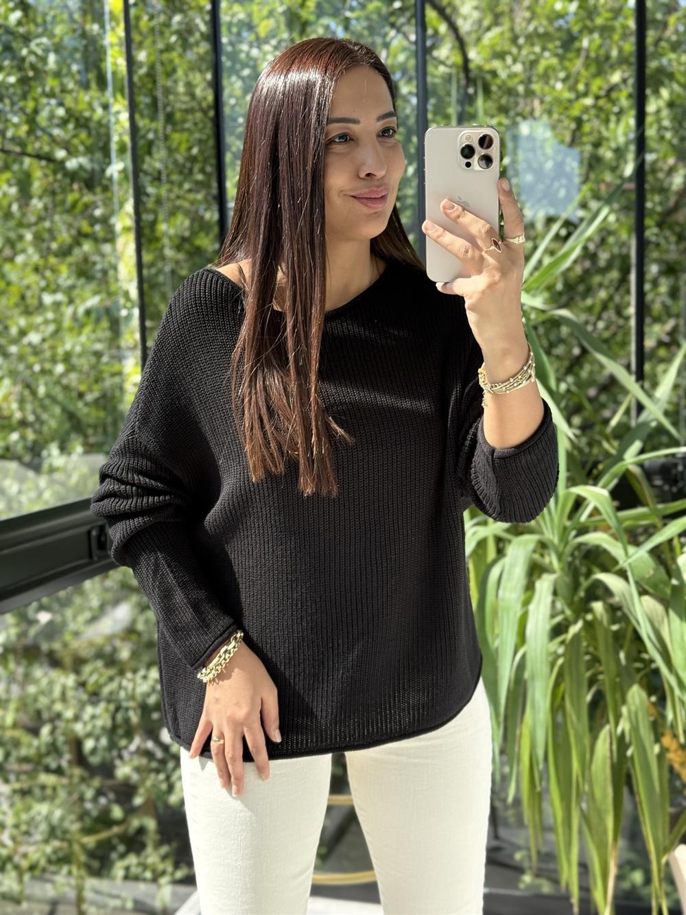 Dilvin Kayık Yaka Basic Triko Kazak Siyah