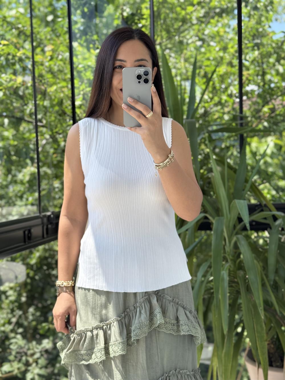 Dilvin Kayık Yaka Fitilli İnce Triko Bluz Ekru