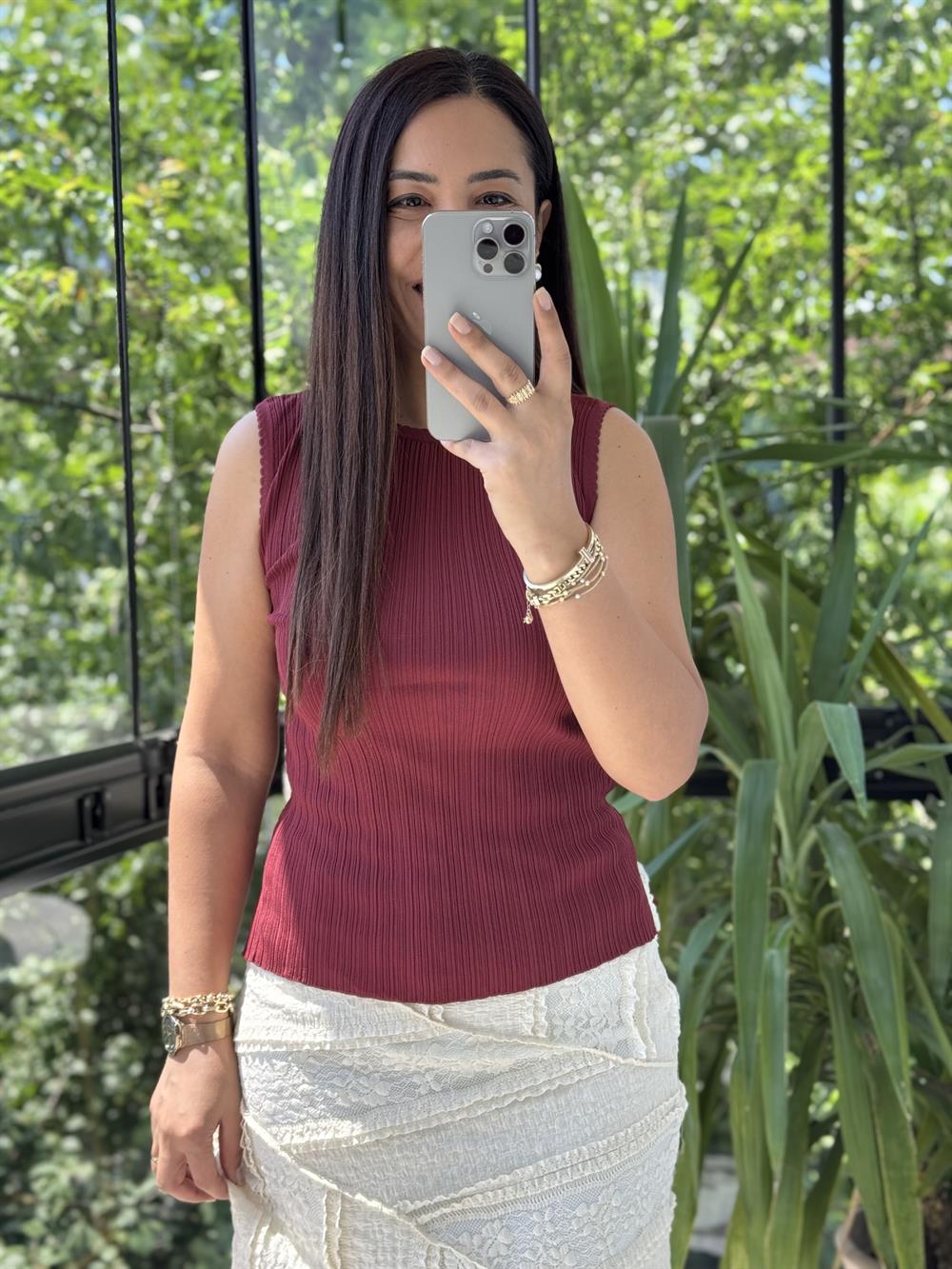 Dilvin Kayık Yaka Fitilli İnce Triko Bluz Bordo
