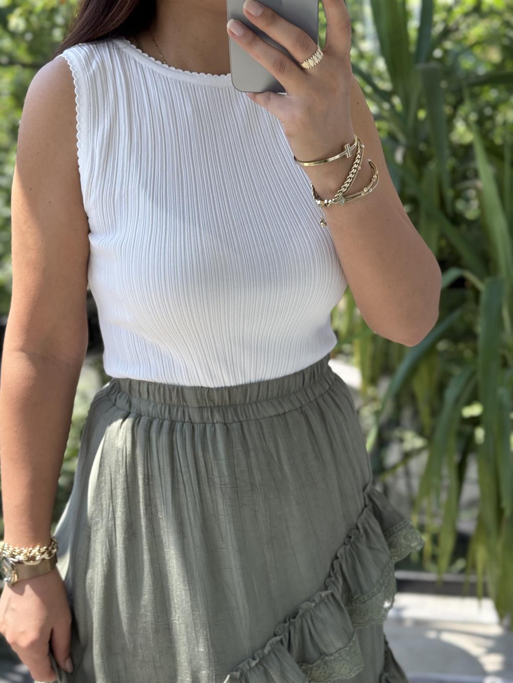 Dilvin Kayık Yaka Fitilli İnce Triko Bluz Ekru