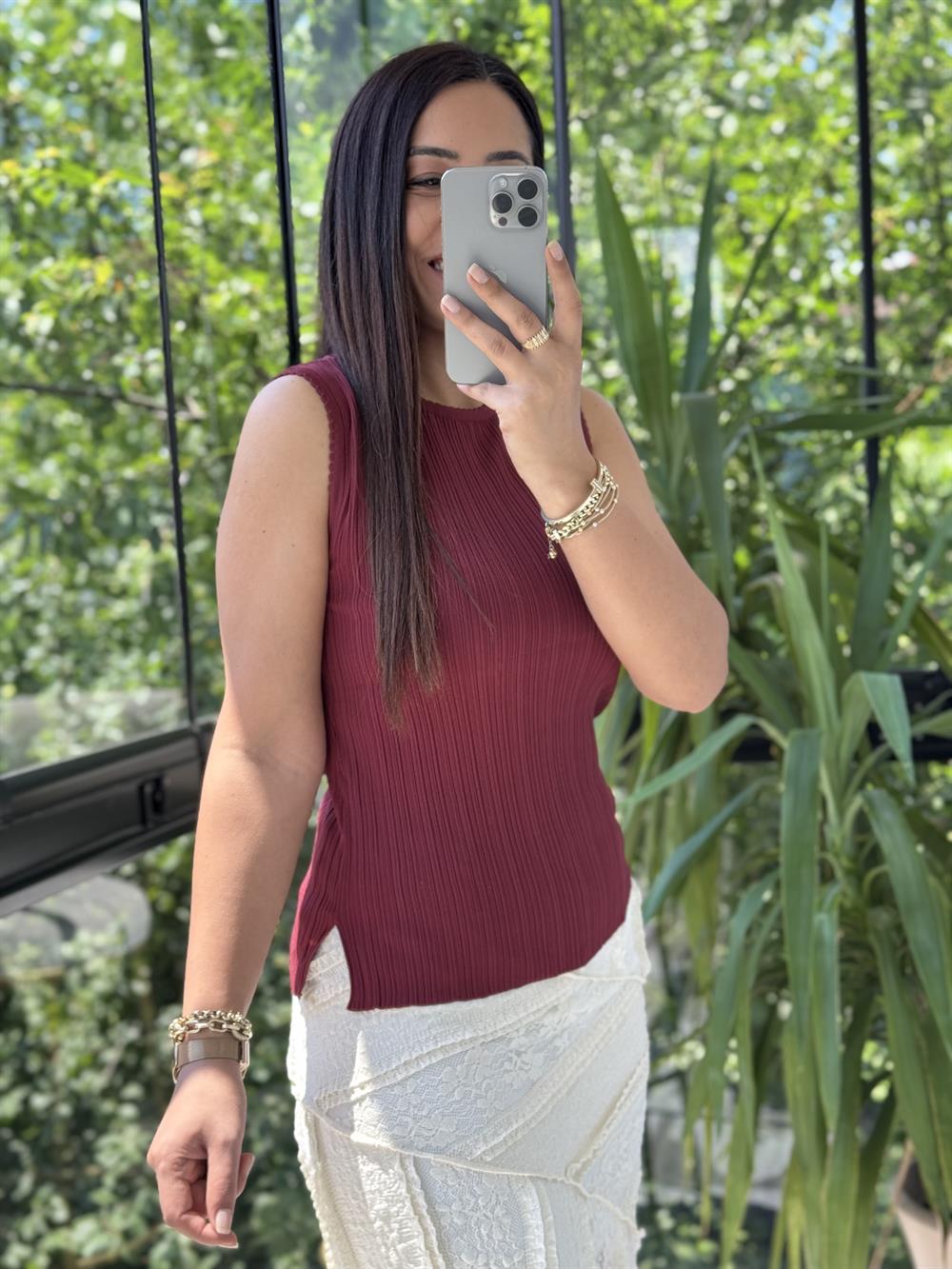 Dilvin Kayık Yaka Fitilli İnce Triko Bluz Bordo