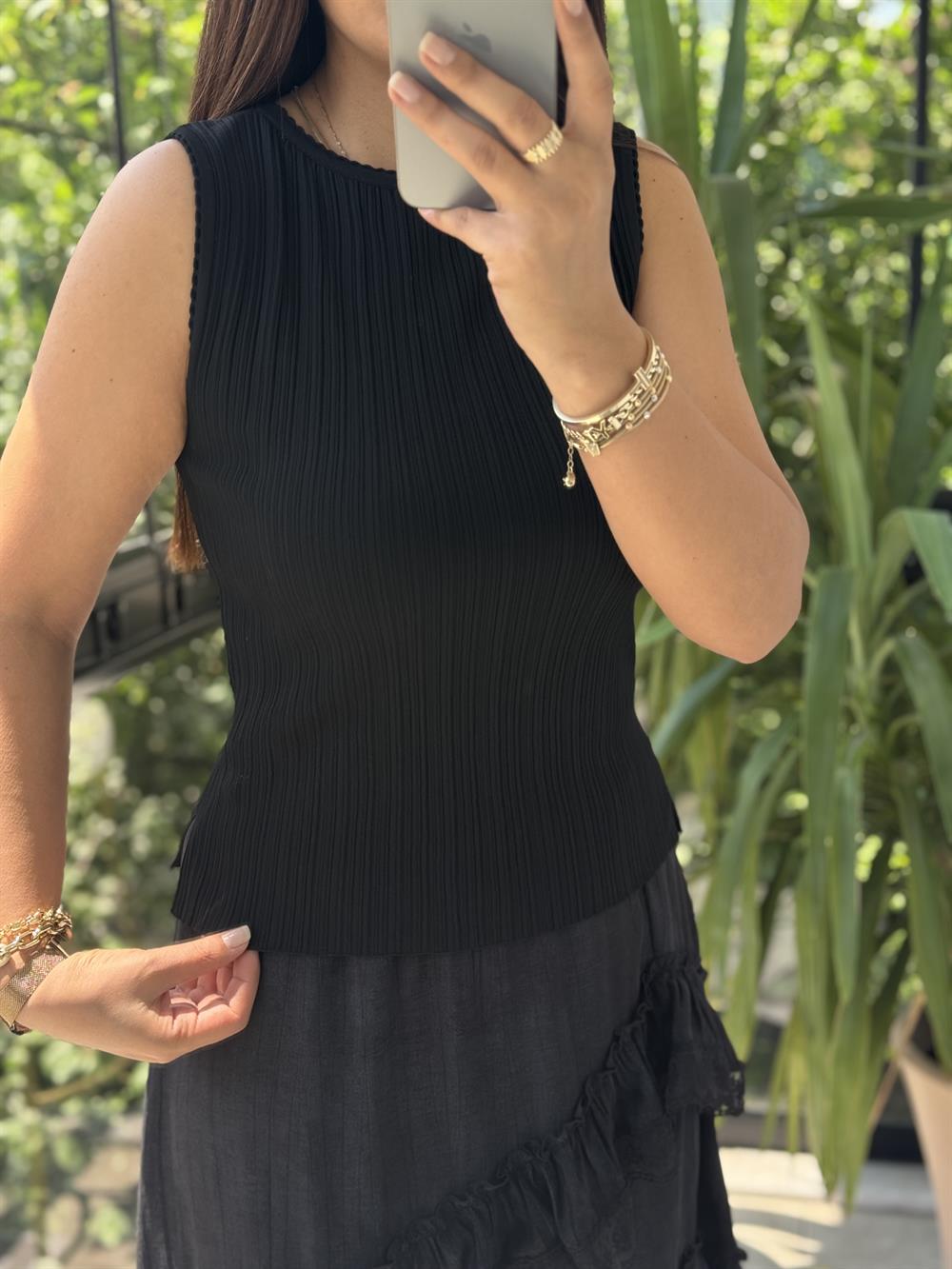 Dilvin Kayık Yaka Fitilli İnce Triko Bluz Siyah