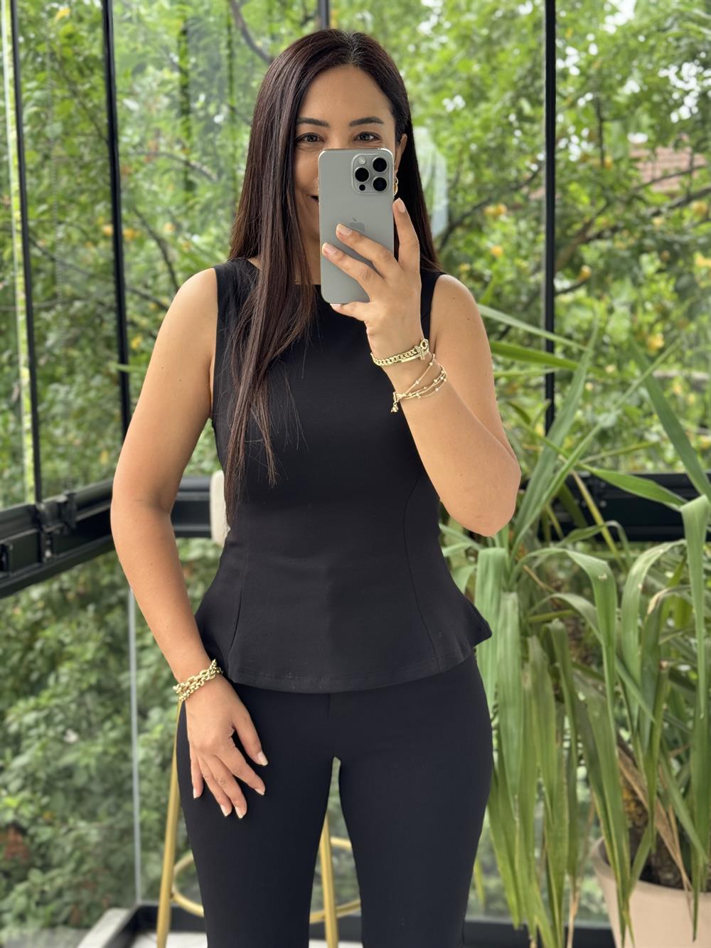 Dilvin Kayık Yaka Peplum Bluz Siyah