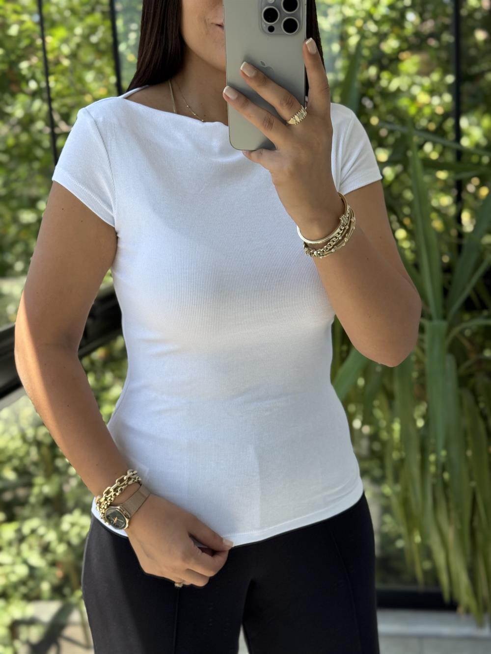 Dilvin Kayık Yaka Tişört Beyaz