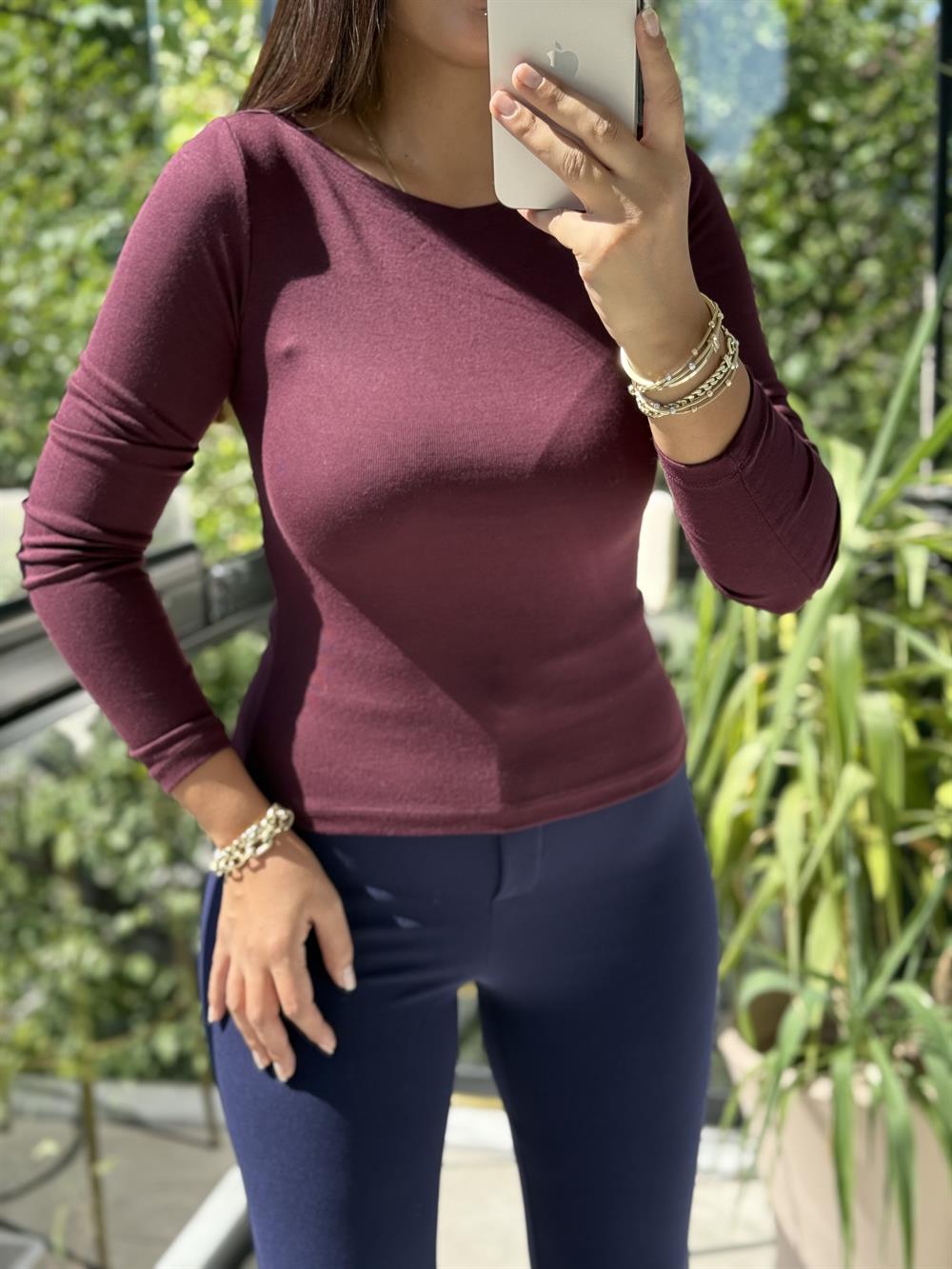Dilvin Kayık Yaka Uzun Kollu Top Bluz Bordo
