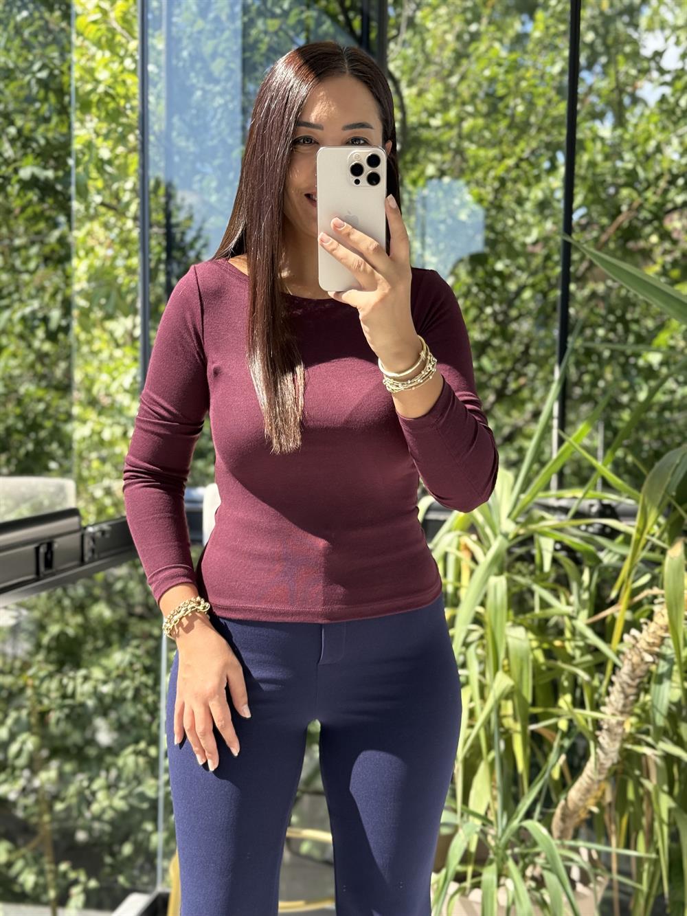 Dilvin Kayık Yaka Uzun Kollu Top Bluz Bordo
