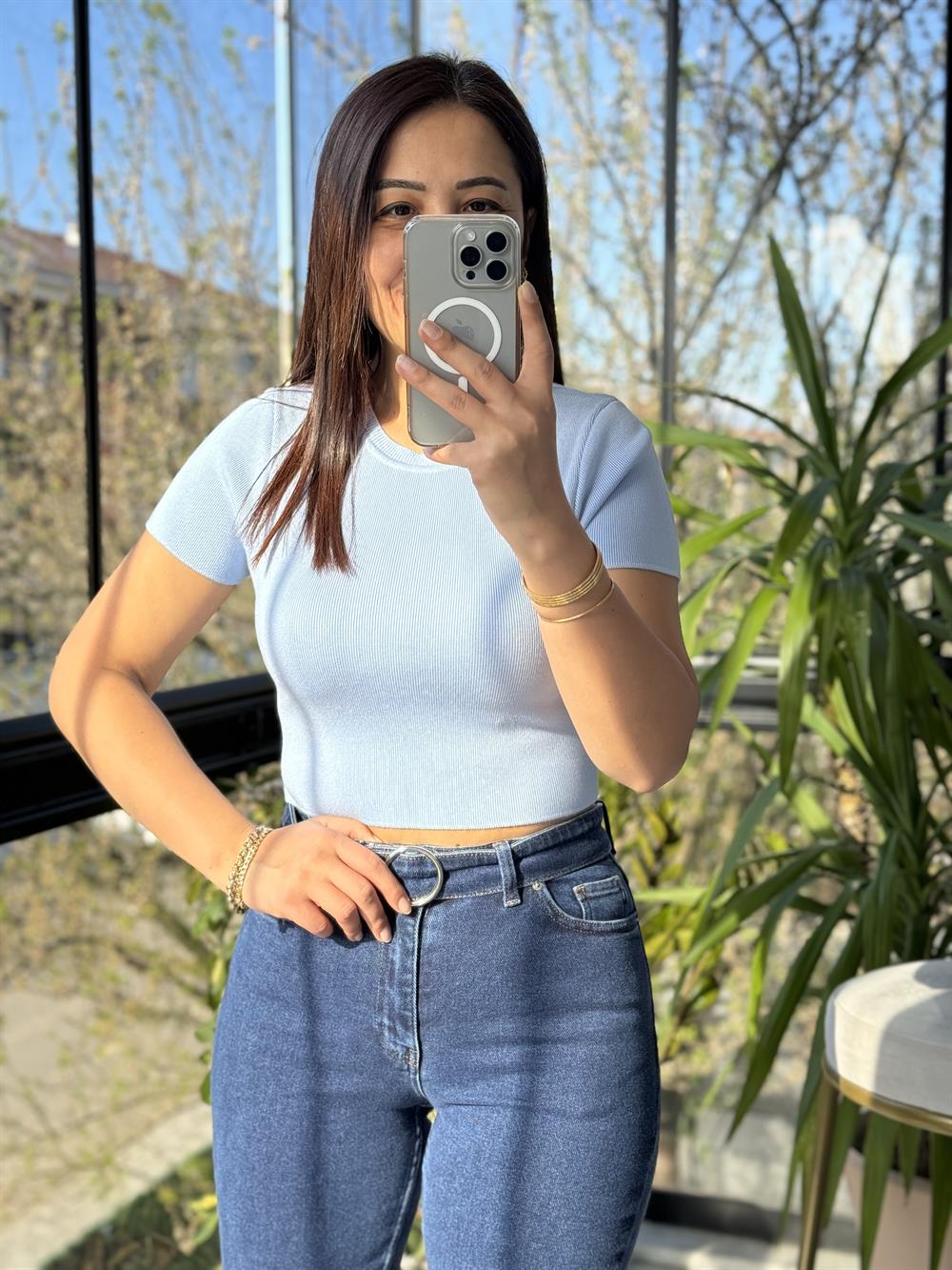 Dilvin Kısa Kol Crop Triko Bebe Mavi