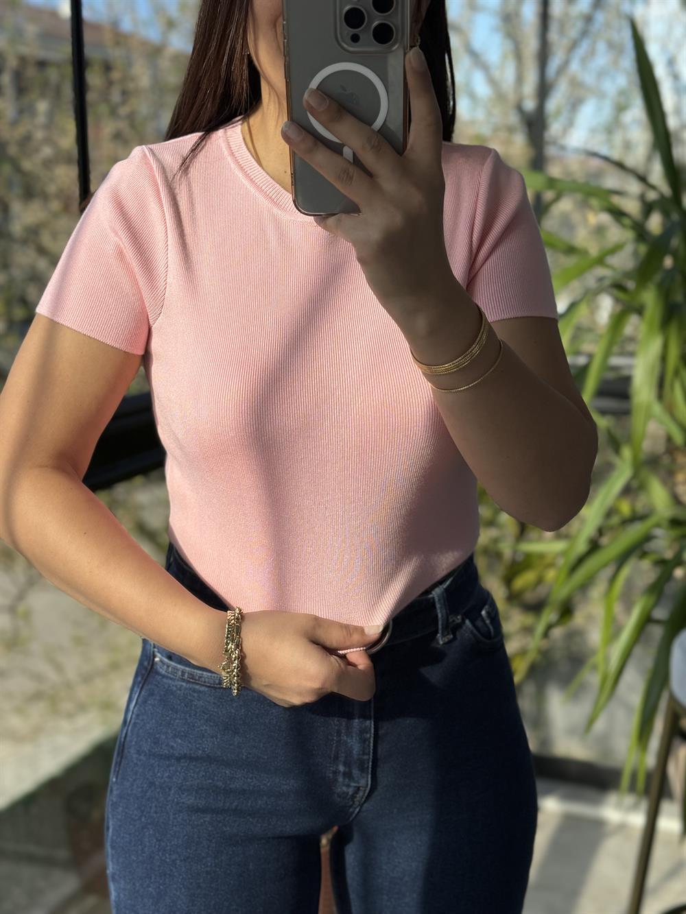 Dilvin Kısa Kol Crop Triko Pembe