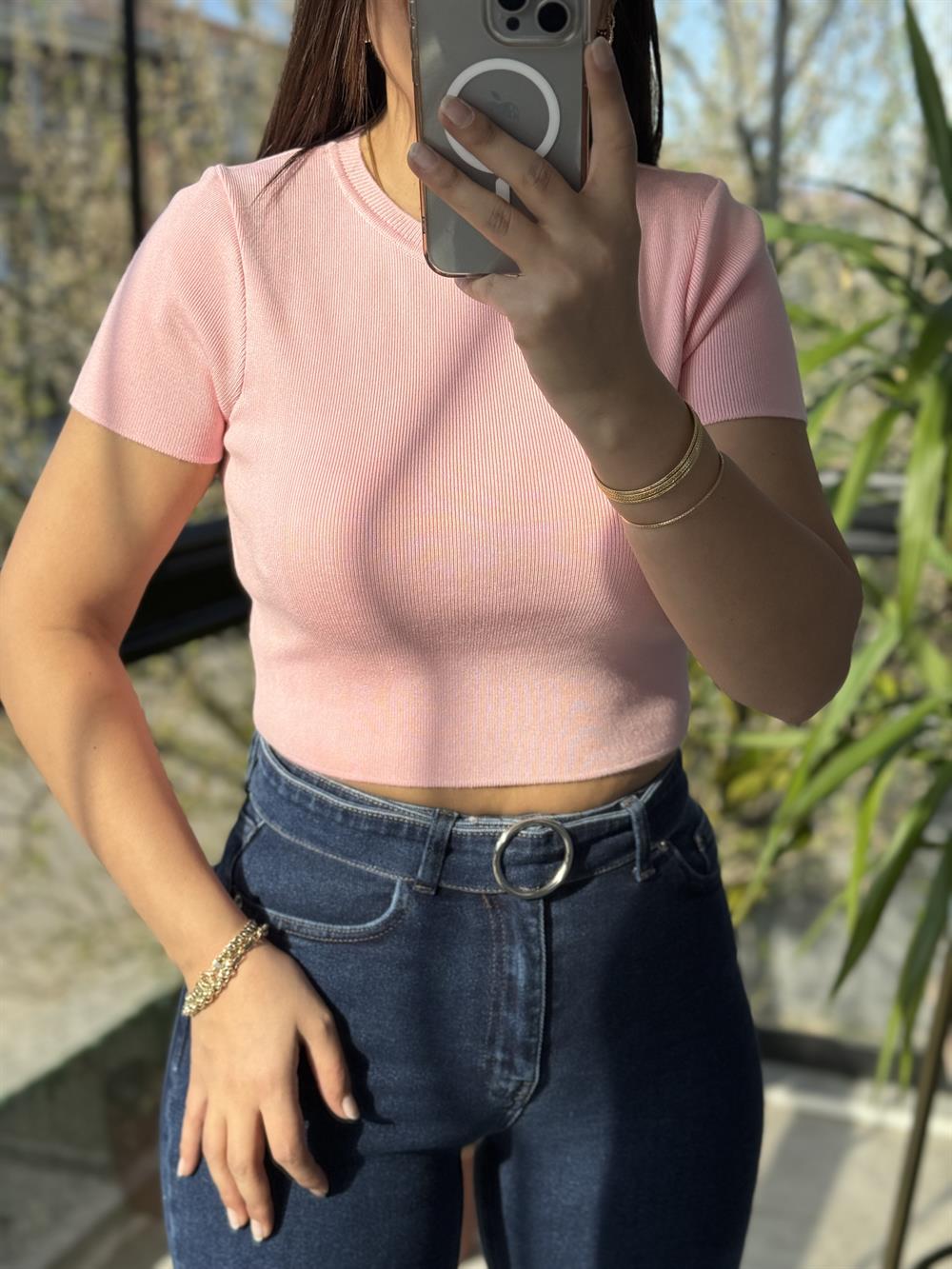 Dilvin Kısa Kol Crop Triko Pembe