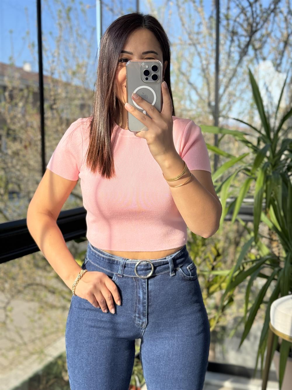 Dilvin Kısa Kol Crop Triko Pembe