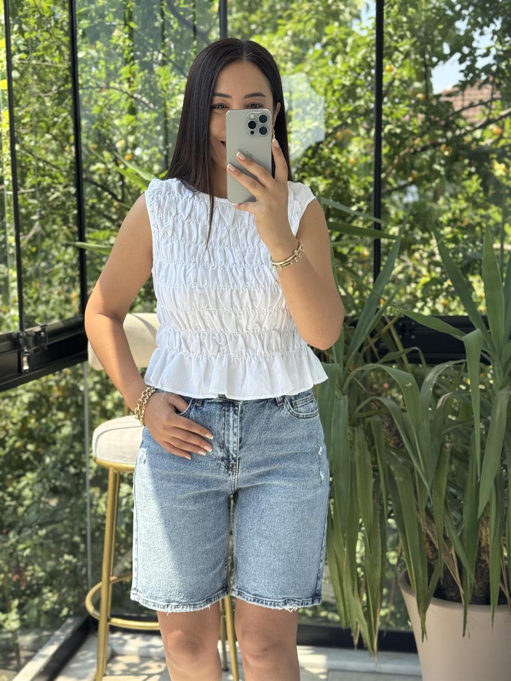 Dilvin Kolsuz Crop Bluz Ekru