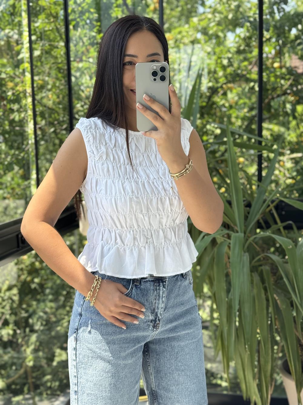 Dilvin Kolsuz Crop Bluz Ekru