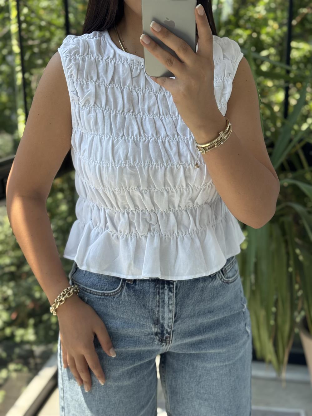 Dilvin Kolsuz Crop Bluz Ekru