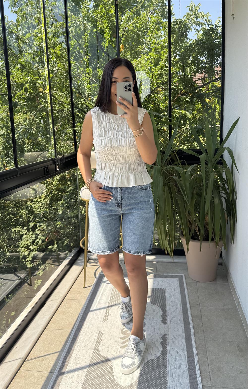 Dilvin Kolsuz Crop Bluz Natural