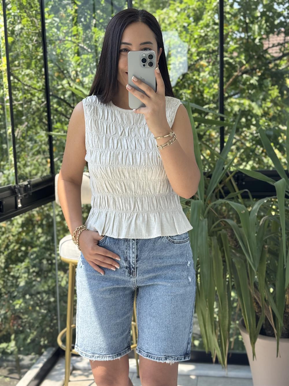 Dilvin Kolsuz Crop Bluz Natural