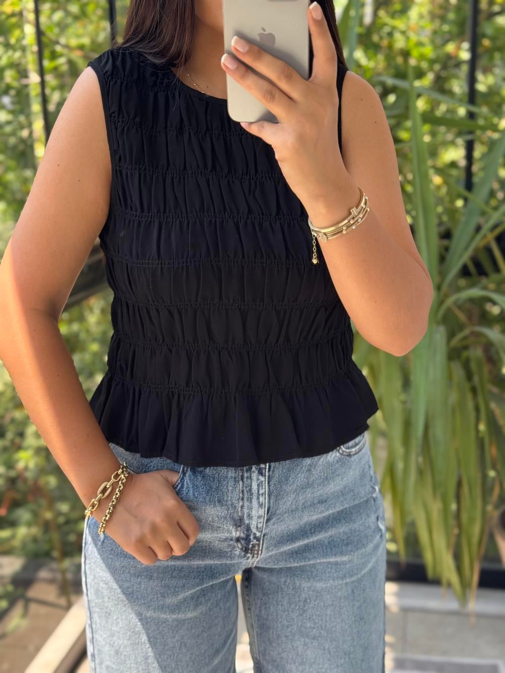 Dilvin Kolsuz Crop Bluz Siyah