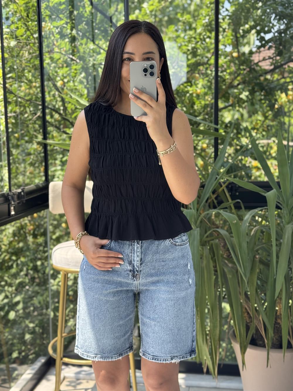 Dilvin Kolsuz Crop Bluz Siyah