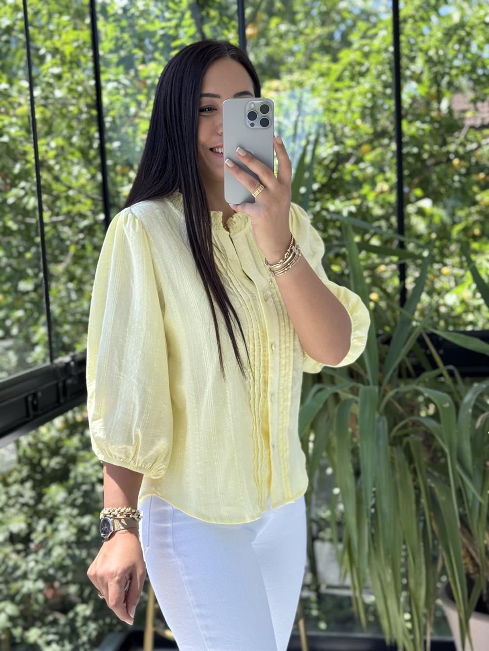 Dilvin Nervür Detaylı Balon Kol Gömlek Sarı