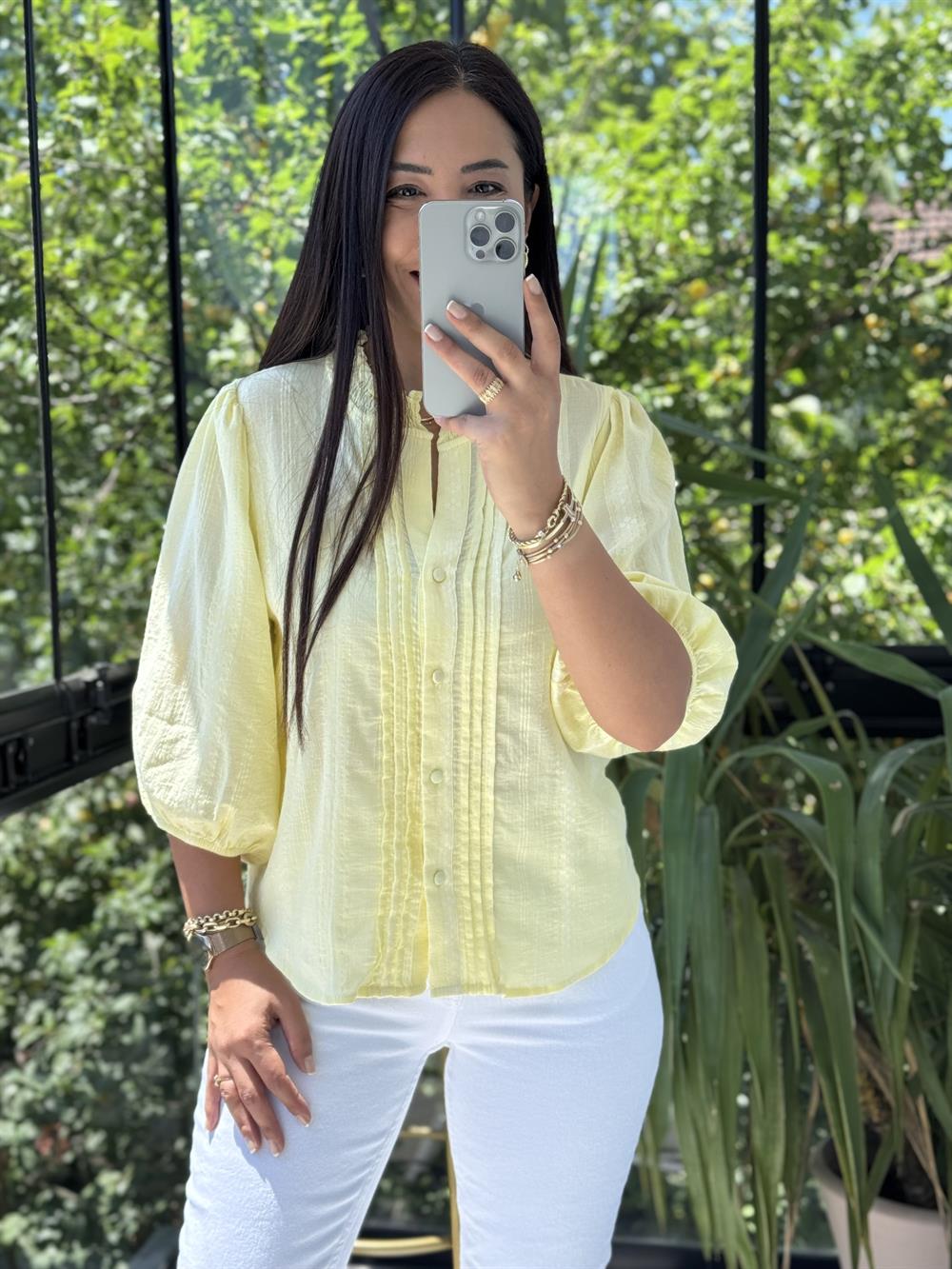 Dilvin Nervür Detaylı Balon Kol Gömlek Sarı