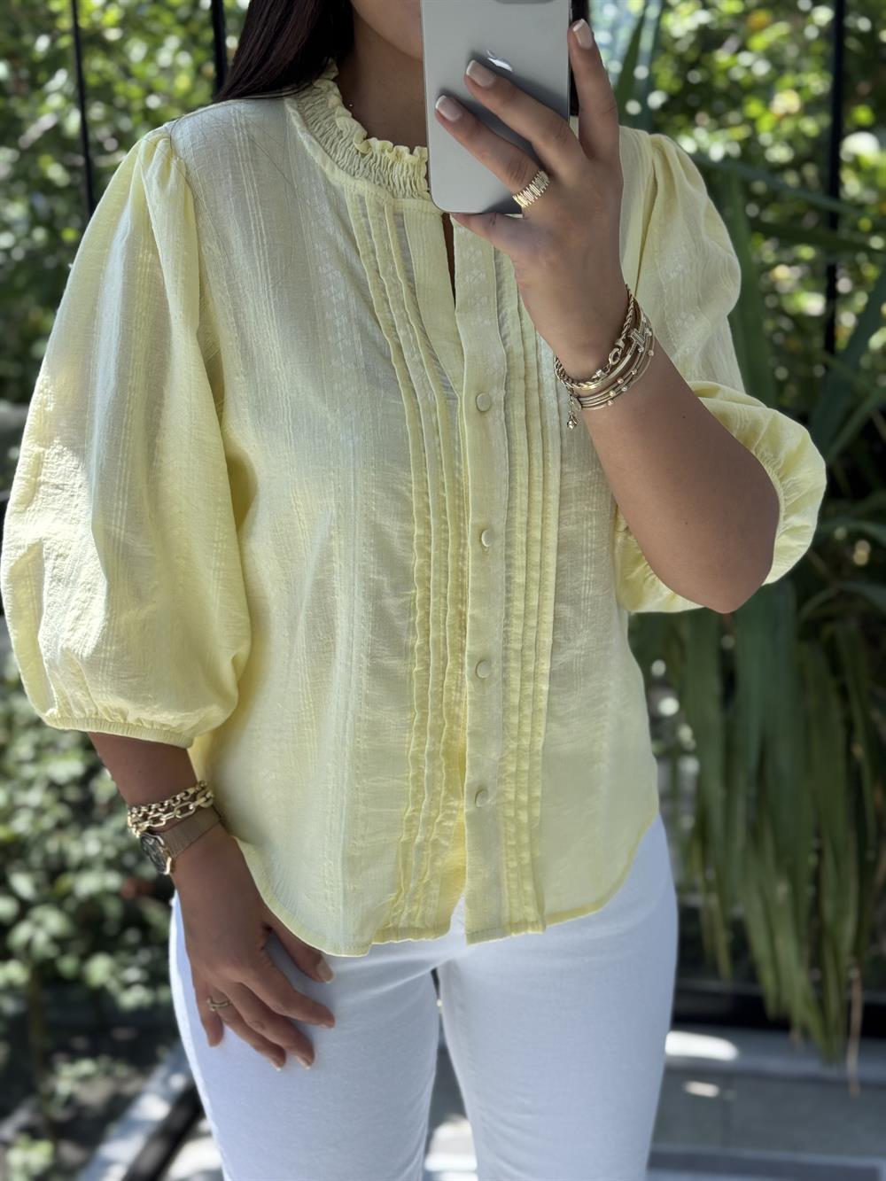 Dilvin Nervür Detaylı Balon Kol Gömlek Sarı