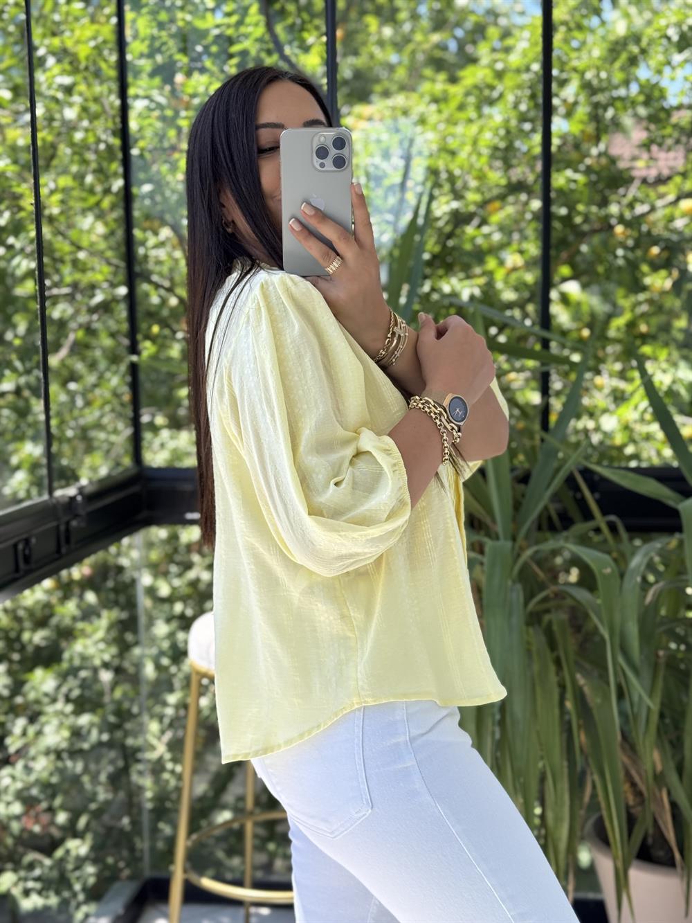 Dilvin Nervür Detaylı Balon Kol Gömlek Sarı