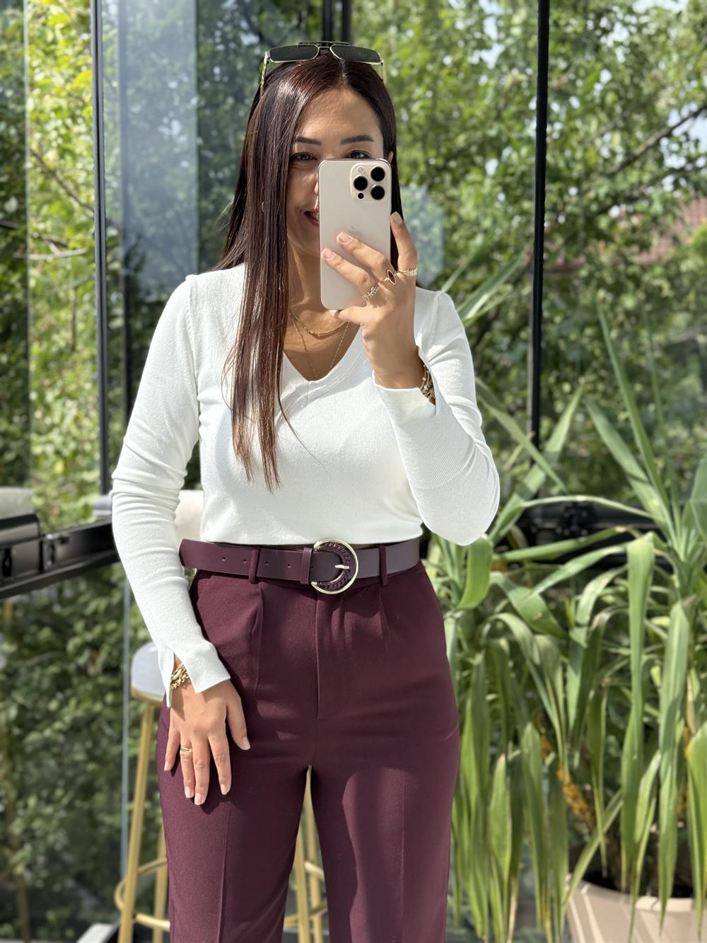 Dilvin V Yaka Kolu Yırtmaçlı Kazak Ekru