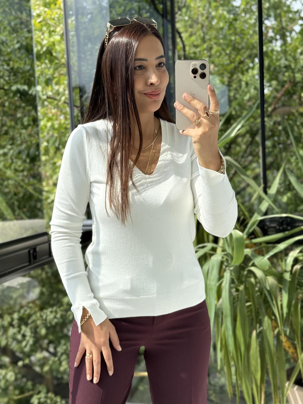 Dilvin V Yaka Kolu Yırtmaçlı Kazak Ekru